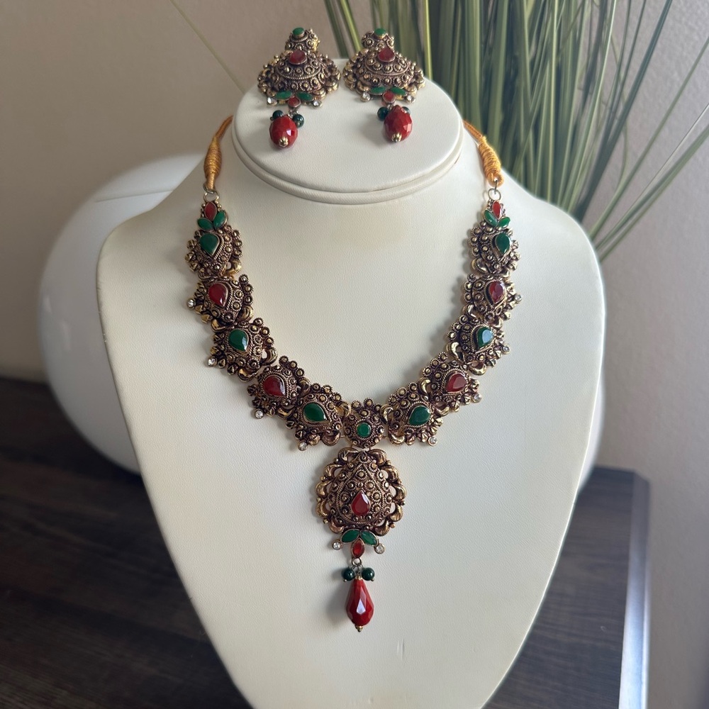Elegant Indian Gold Plated Red and Green Necklace and Earrings Set